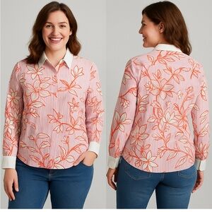 Talbots Non-Iron Floral Print Women's Top - Pink and Orange Size 10